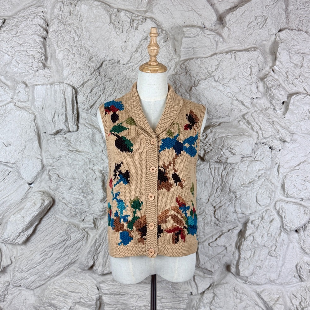 Liz Claiborne c. 1990s Intarsia Knit Sweater Vest Acorn Brown Floral | M
